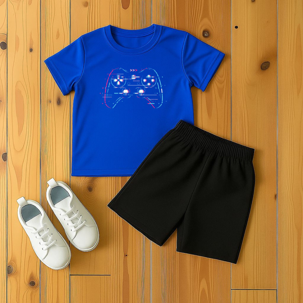 Conjunto  Bermuda Moletinho e Camiseta Algodão para Crianças Estampado Controle Colorido