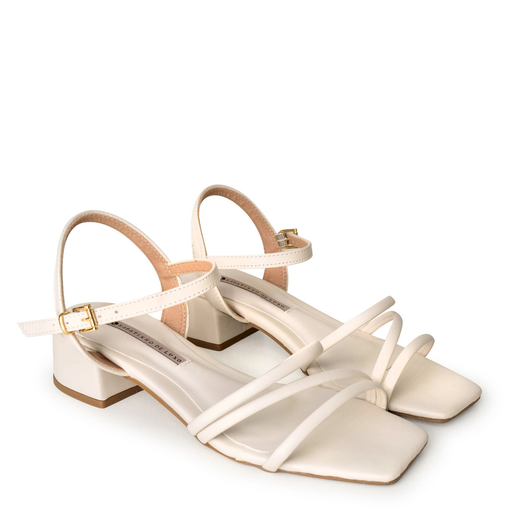 Sandália Napa Off White / Ouro  Tiras Finas e Salto Bloco 100090.03_2 - Women Shoes