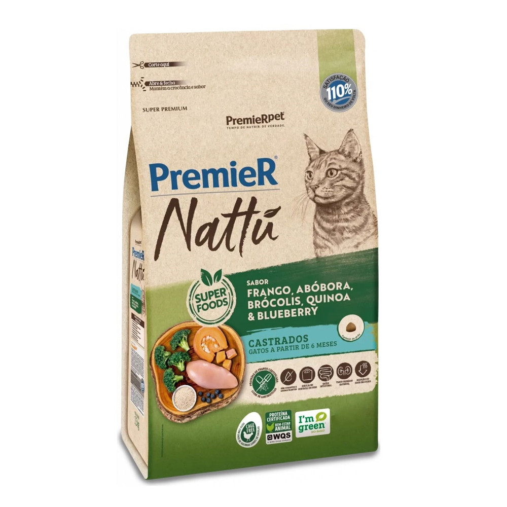 Ração Premier Nattu Gatos Castrados Frango, Abóbora, Brócolis, Quinoa e Blueberry 7,5kg em Oferta na Shopee