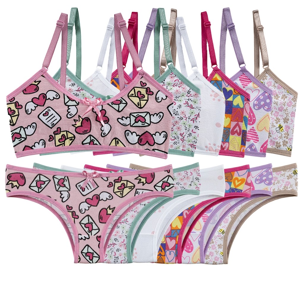 Kit 3 Conjunto Cotton Calcinha e Top Estampado Juvenil Moda Infantil Menina Moça FORRO 100% Algodão