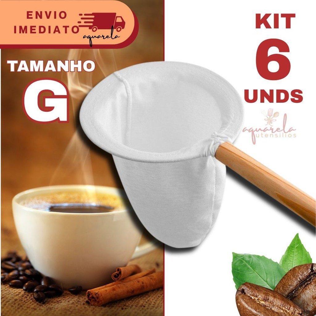 Kit 6 Coador de Café de Pano Grande Flanelado com Cabo de Madeira Reutilizável e Sustentável em Oferta na Shopee