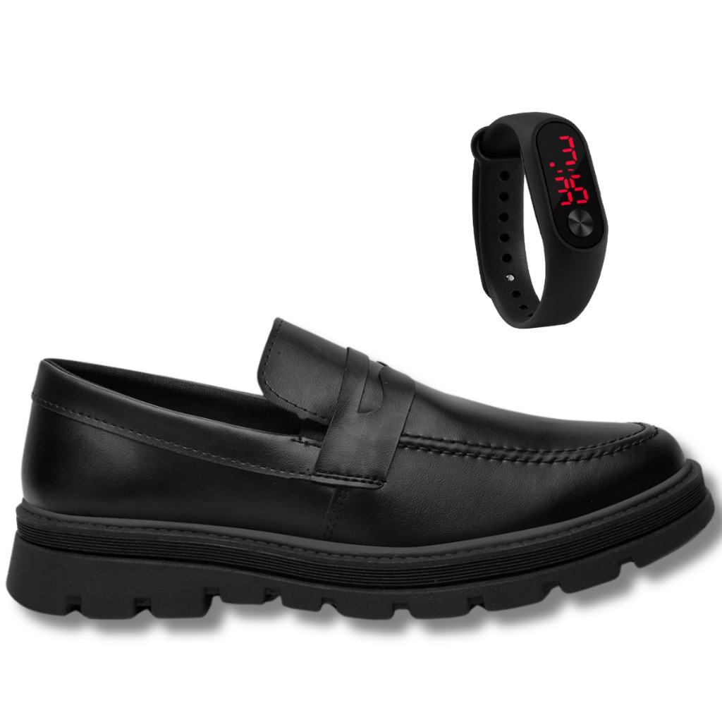 Kit Sapato Masculino Loafer Solado Tratorado + Relógio Estiloso Casual Confortável Elegante