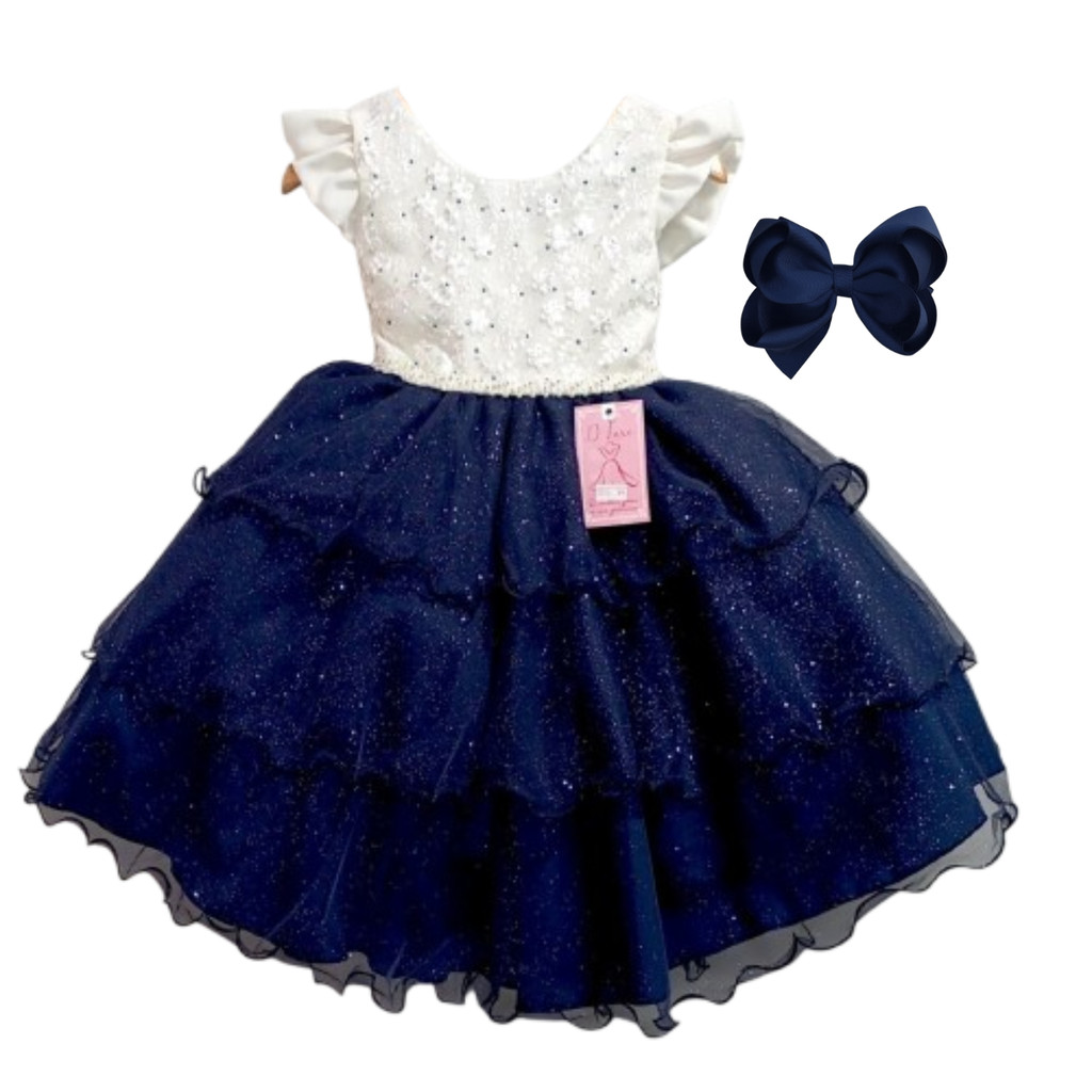 Vestido Infantil de Festa Azul Marinho com Off e Laço d5008
