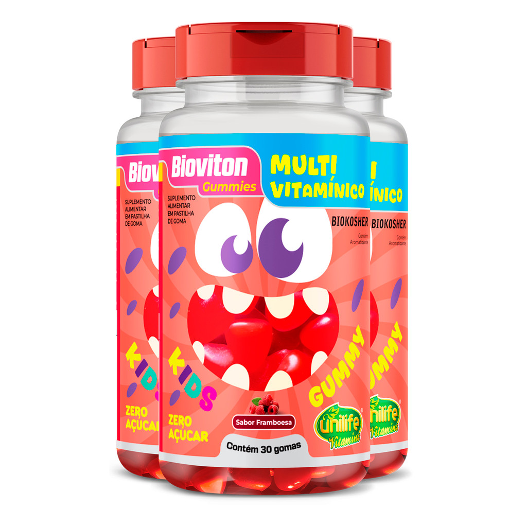 Kit 3 Gummy Kids Multivitamínico Unilife 30 gomas Framboesa