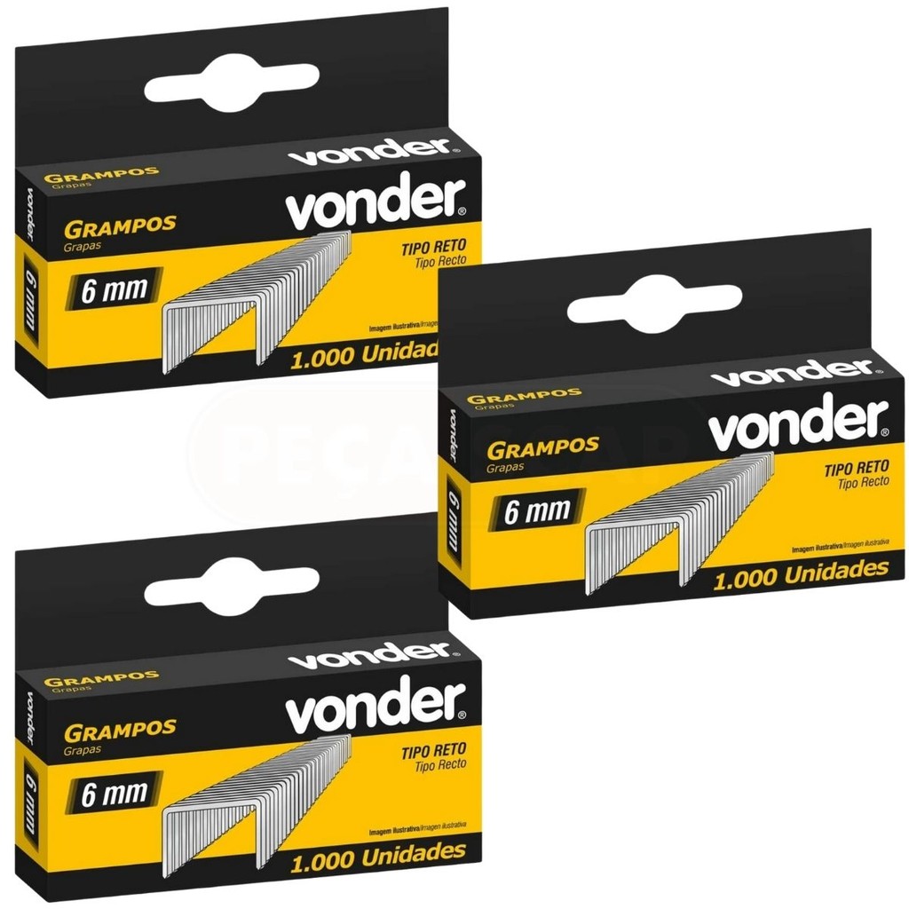 Kit 3 Caixas com 1000 Grampos Retos 6mm/8mm p/ Grampeadores Elétricos Vonder, p/Tapeçaria, Estofados