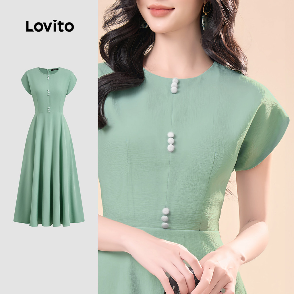 (New) Lovito Vestido Elegante com Botões Na Frente  Simples para Deslocamentos  Primavera/verão  Vestido verde L142ED684