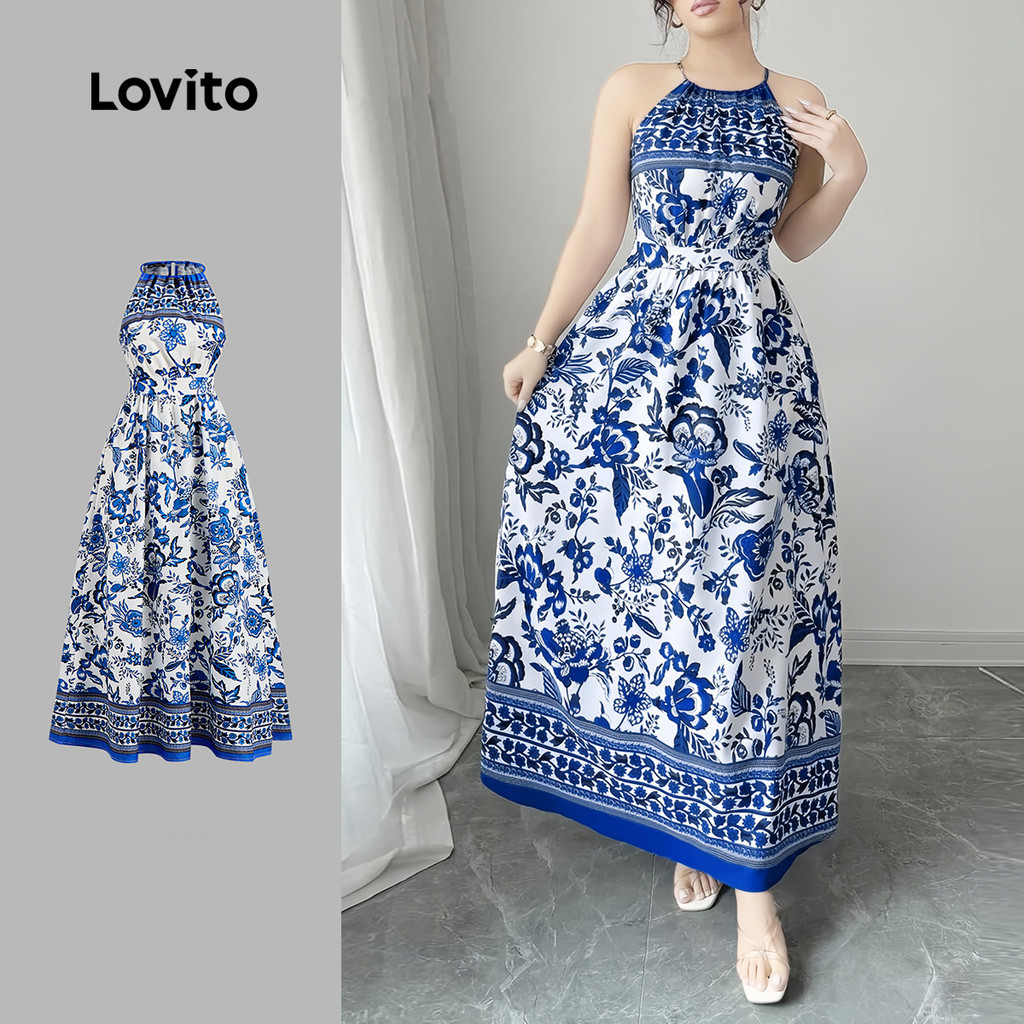 (New) Lovito Vestido Boho com Amarração Nas Costas para Primavera/verão  Azul e Branco  para Mulheres L143ED165 em Oferta na Shopee