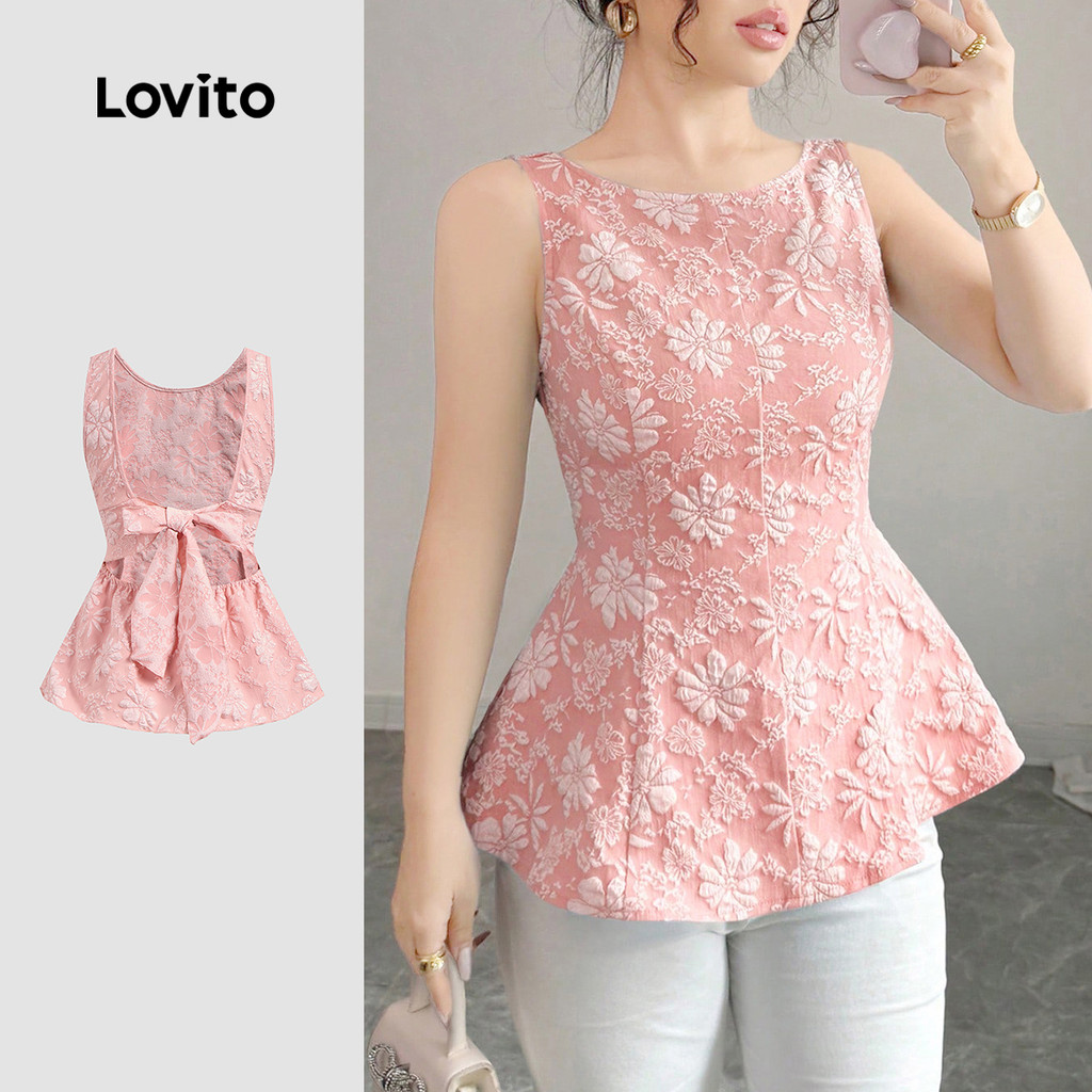 (New) Lovito Blusa Elegante de Jacquard com Laço Nas Costas  Amarrada  de Primavera/verão  Rosa  para mulheres L143ED406 em Oferta na Shopee