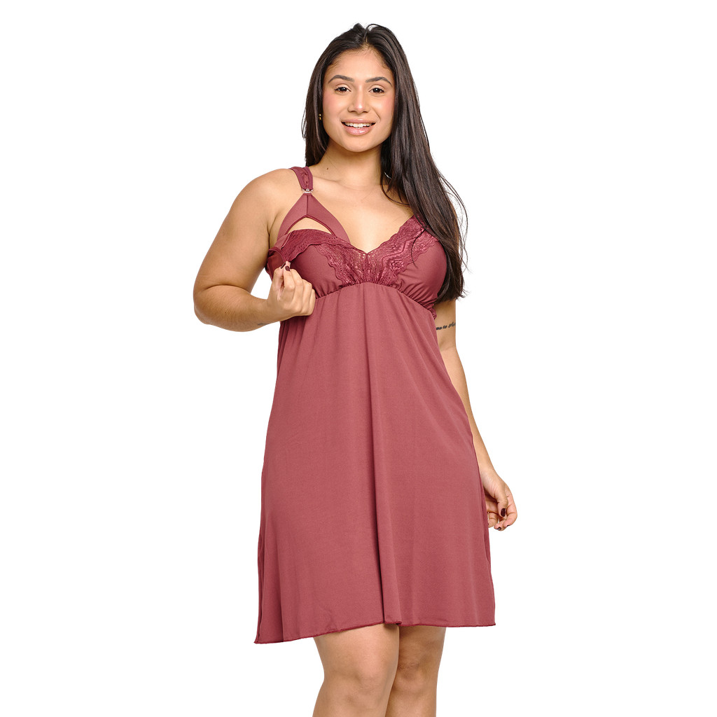 Camisola de Amamentação em Microfibra com Renda – Maternidade Pós-Parto | 310