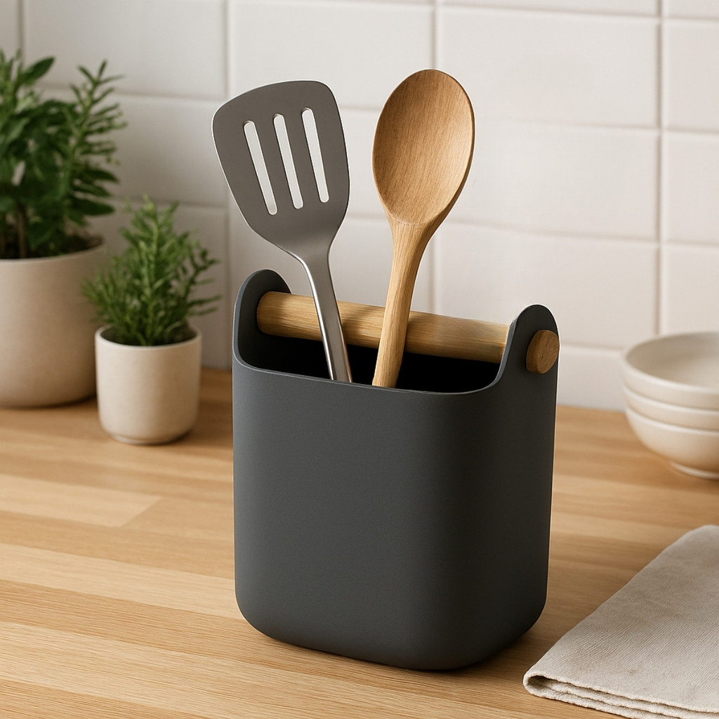 Porta Utensílios Cozinha com Alça Bambu Lume Plástico Resistente Organizador Colheres Espátulas - Ou