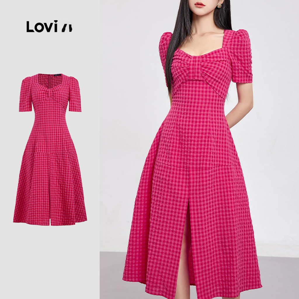 Lovito Vestido Elegante Xadrez Franzido Verão/primavera Para Mulheres LBL24201 em Oferta na Shopee
