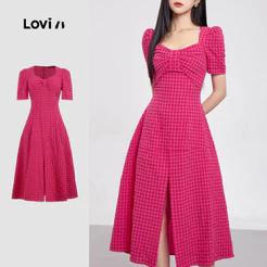 Lovito Casual Vestido Rosa Xadrez Franzido Verão/primavera Para Mulheres LBL24201