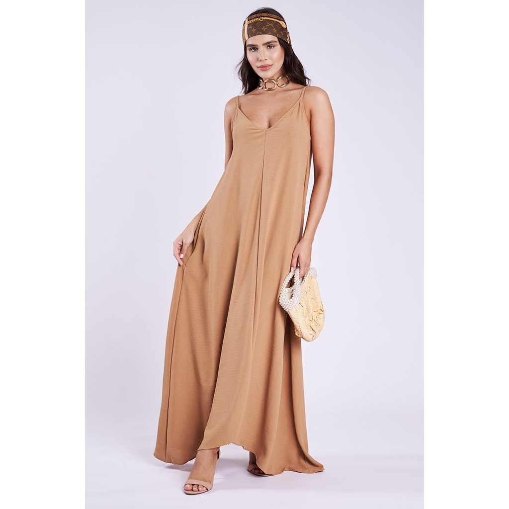 Vestido Longo Amaya Evasê De Crepe Summer - Camel