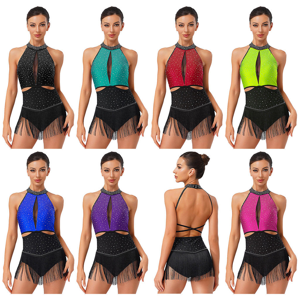 Yeahdor Feminino Jazz Latino Dança Collant Allover Strass Borla Saia Sem Costas Contraste Cor Bodysuit Para Ginástica Ch