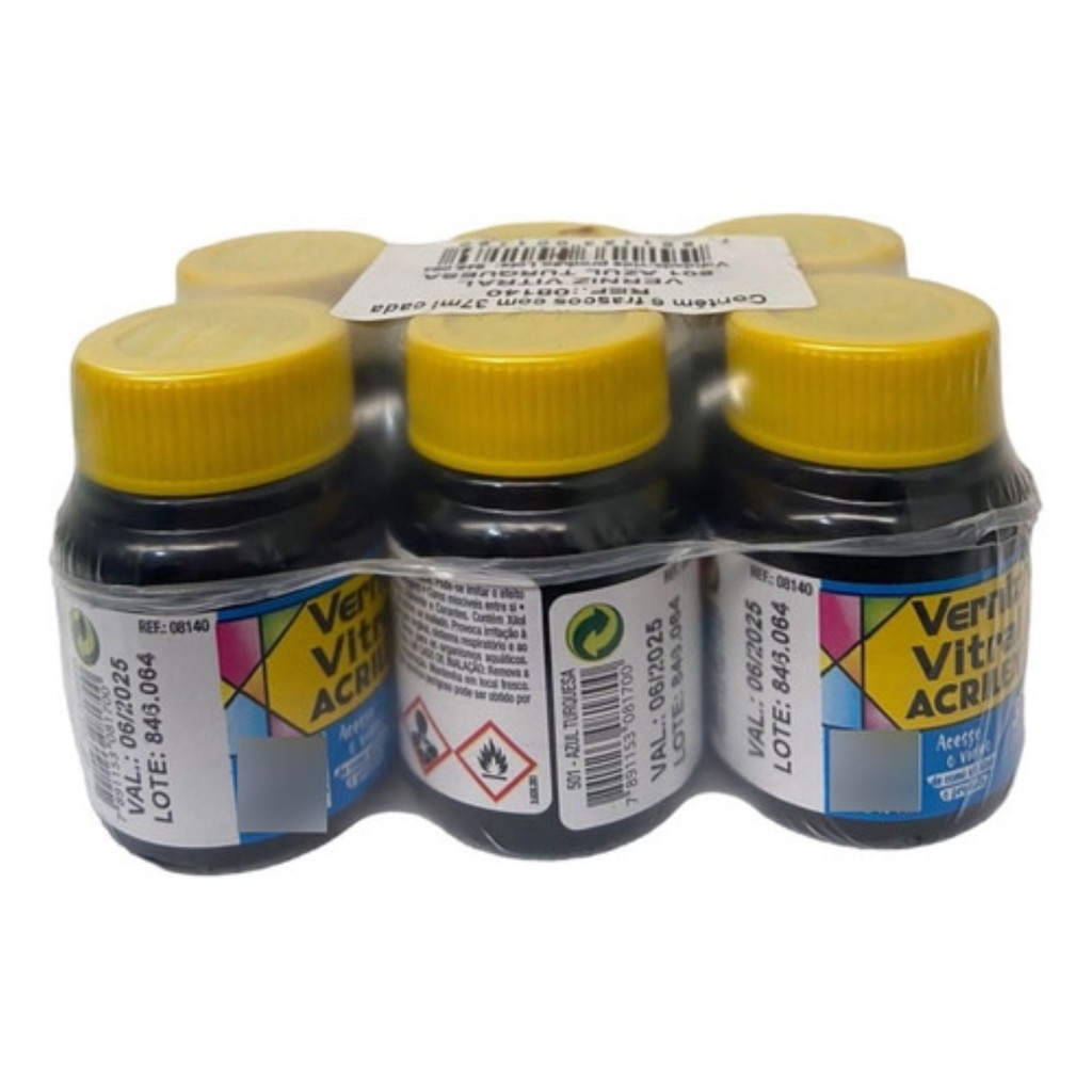 Kit Com 6 Verniz Vitral 37ml Acrilex - Azul Turquesa 501 Perfeito Copos Garrafas Vasos Obras De Arte