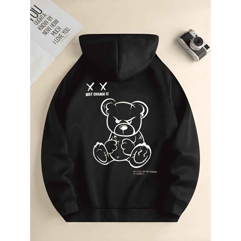 Moletom Masculino Careca Blusa Feminina Urso Just Change It Gola Redonda Flanelado Com Capuz Algodão