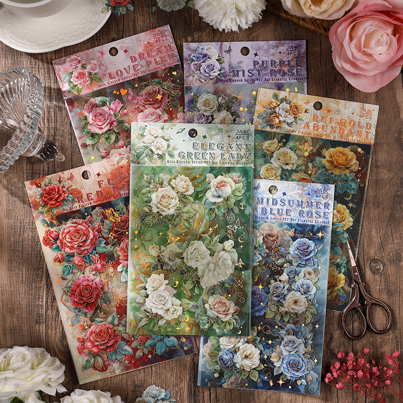 4 Folhas/pack Natureza Adesivos Transparentes Temáticos Para Raspagem Flora Rosa Vintage Decorativos Estéticos Jornalismo Álbum De Fotos Colagem De Cartões Artesanato