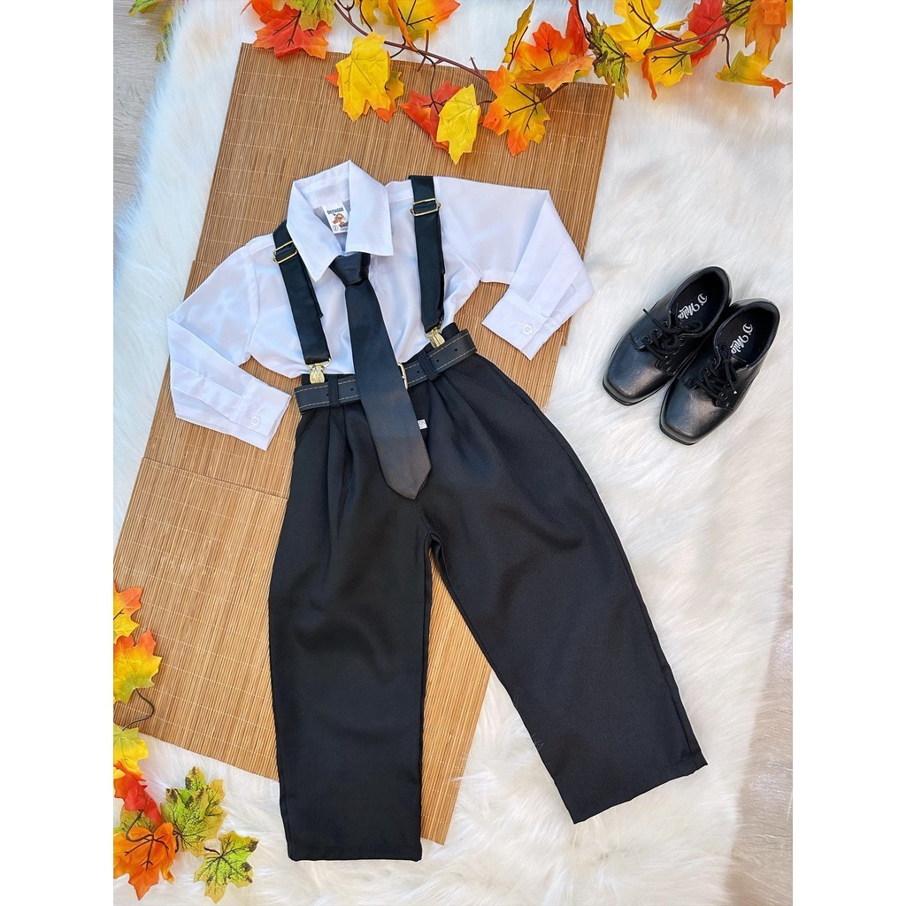 Conjunto Social Para Pajem Formaturas Principes Com Camisa Branca e Calça Suspensório e Gravata Preto