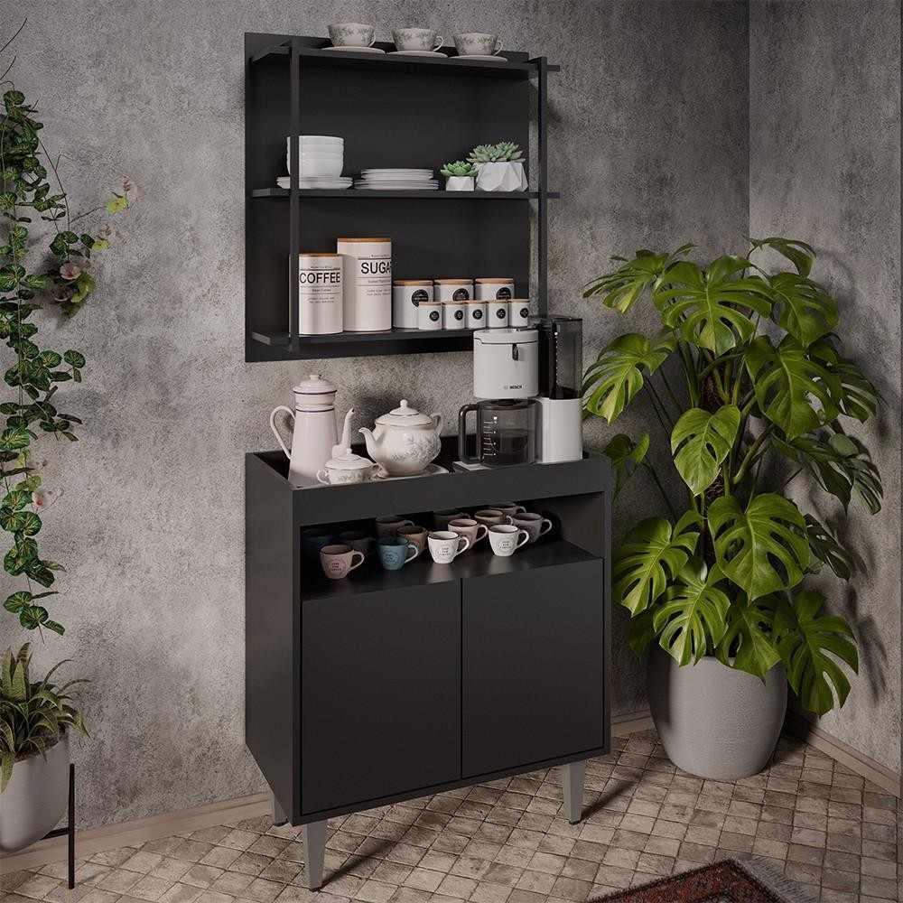 Aparador Cantinho do Café e Painel 3 Prateleiras Flora Z34 Preto - Mpozenato em Oferta na Shopee