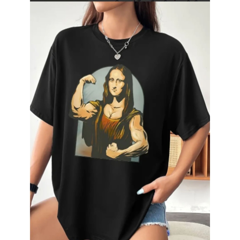 Camiseta Feminina Streetwear monalisa academia casual OVERSIZED Camisa ombro caido  100% Algodão