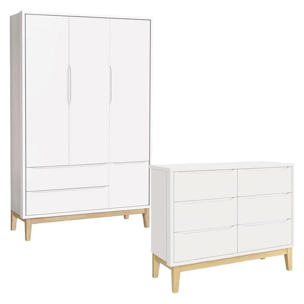 Cômoda 6 Gavetas E Guarda Roupa 3 Portas New Classic Branco Com Pés Madeira Natural - Reller em Oferta na Shopee