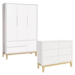 Cômoda 6 Gavetas E Guarda Roupa 3 Portas New Classic Branco Com Pés Madeira Natural - Reller