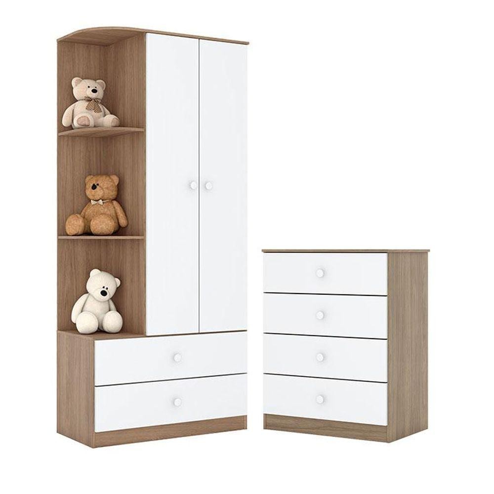 Cômoda E Guarda Roupa Infantil Amarelinha Rústico Branco - Henn - Home & Living