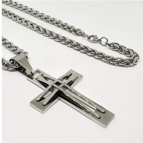 Cordão Grosso 70 CM Crucifixo Grande Masculino Fina 3 mm Prateado Aço Inox