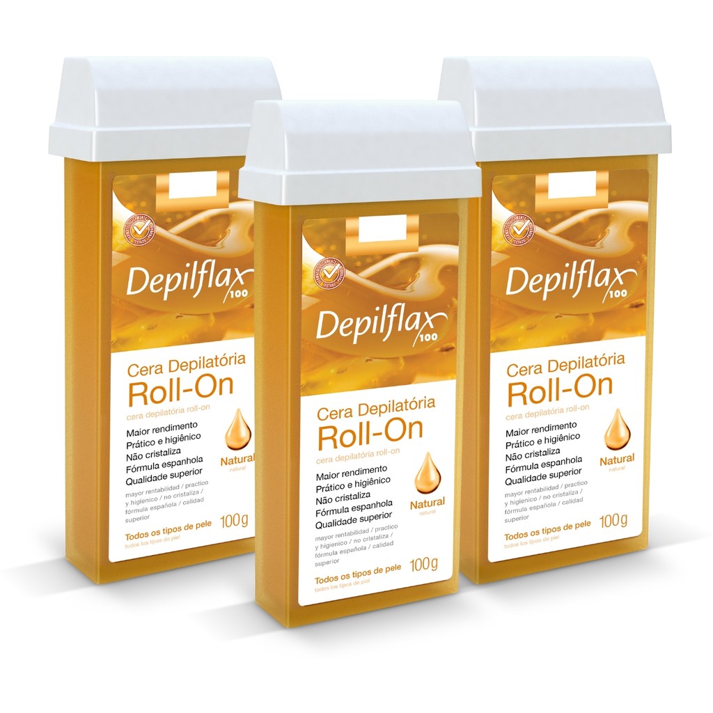Kit 3 Ceras Roll-on Depilatória Mel Natural Refil Depilflax - Beauty
