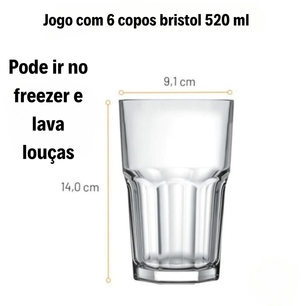 Jogo Kit 06 Copo 520ML Vidro Bristol Grande Long Drink Refrigerante Outback Coca