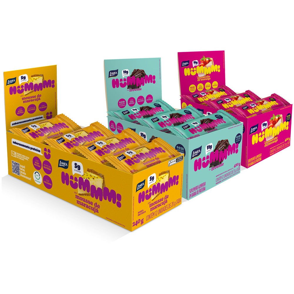 Kit 3 Displays Hummm! Snack Proteico Sabores Brownie, Brigadeiro e Mousse de Maracujá Caixas