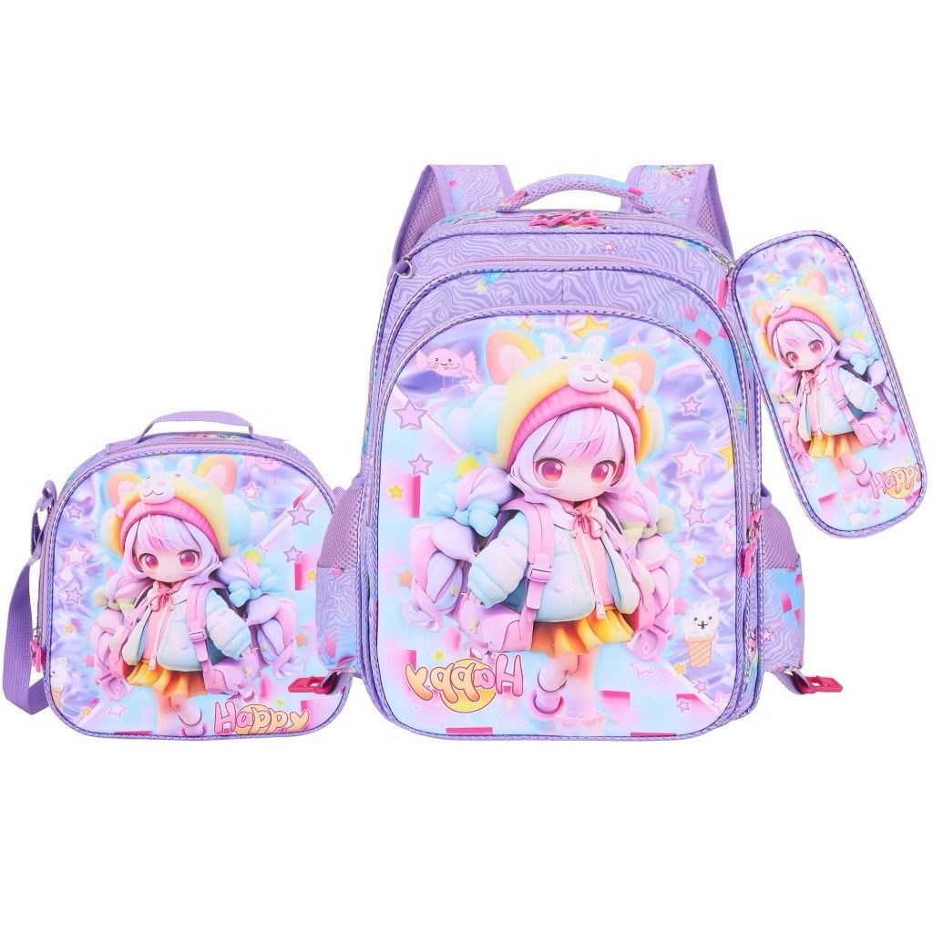 Kit 3 Em 1 Mochila Infantil 3D PU Escolar Saco Conjunto Menina Bonito
