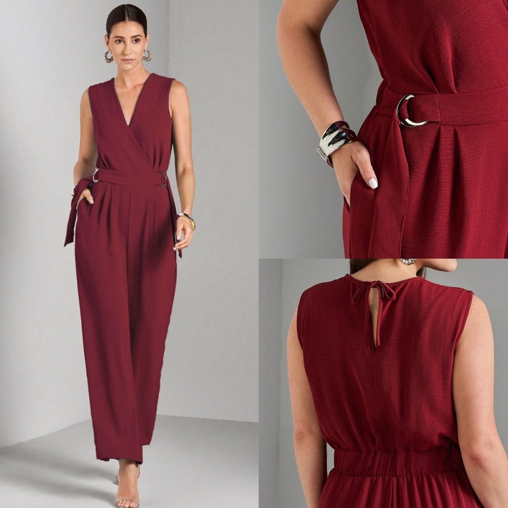 Macacão Feminino com Faixa Lateral Meia-Lua Decote Transpassado Tecido Duna Elegante para Festa ou Trabalho em Oferta na Shopee