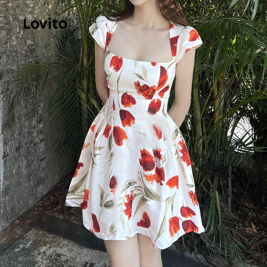 Detalhes do Lovito Vestido Casual de Estrutura de Linha com Flores Babado Primavera/verão para mulheres L138ED2472