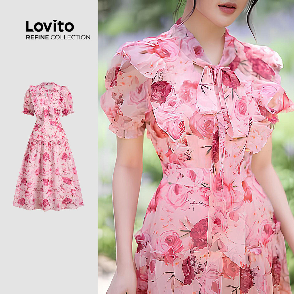 (Lovito Refine) Vestido Elegante com Babado Laço Na Frente de Caimento Leve para Mulheres LR12L114 em Oferta na Shopee