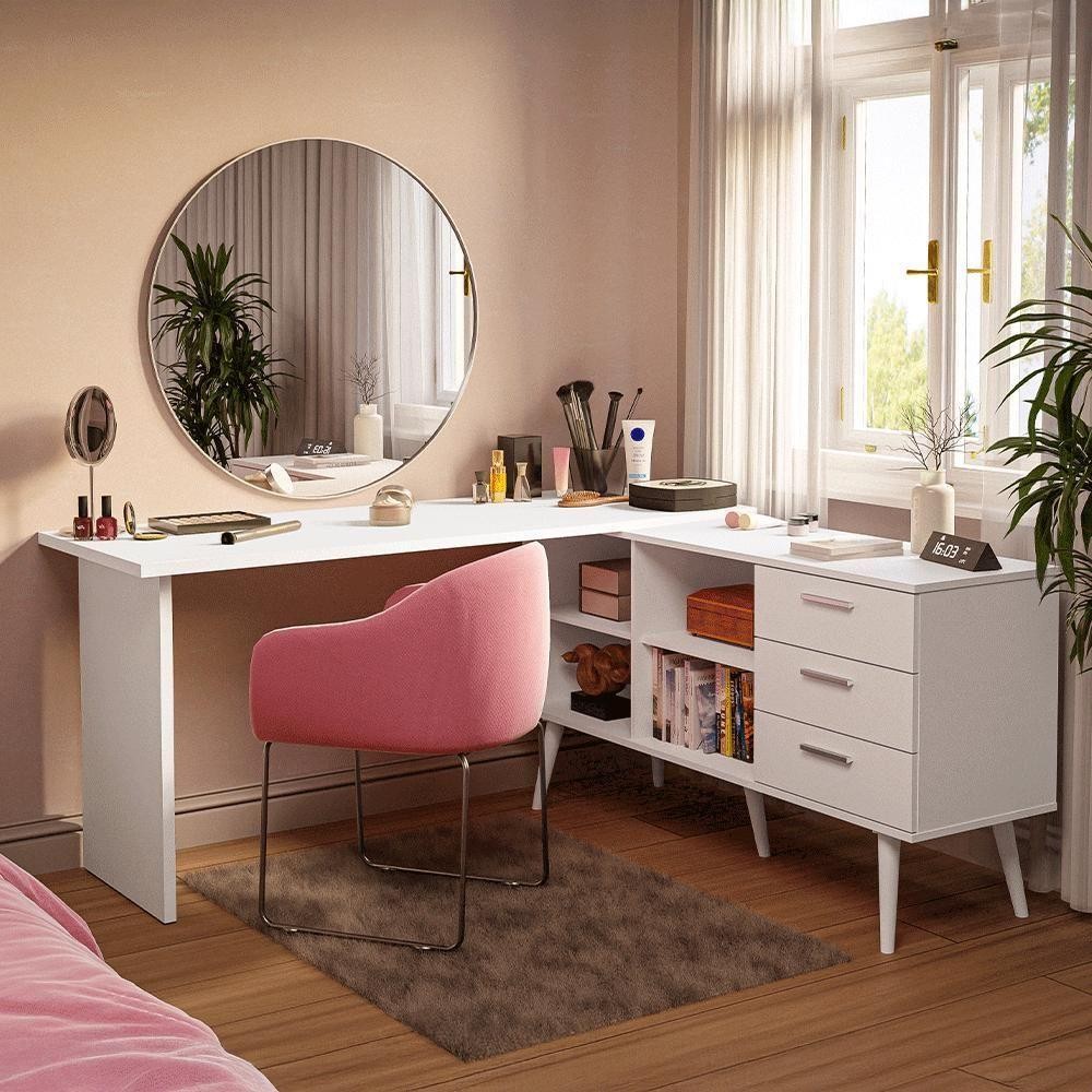 Escrivaninha Penteadeira De Canto 3 Gavetas Madesa Branco em Oferta na Shopee