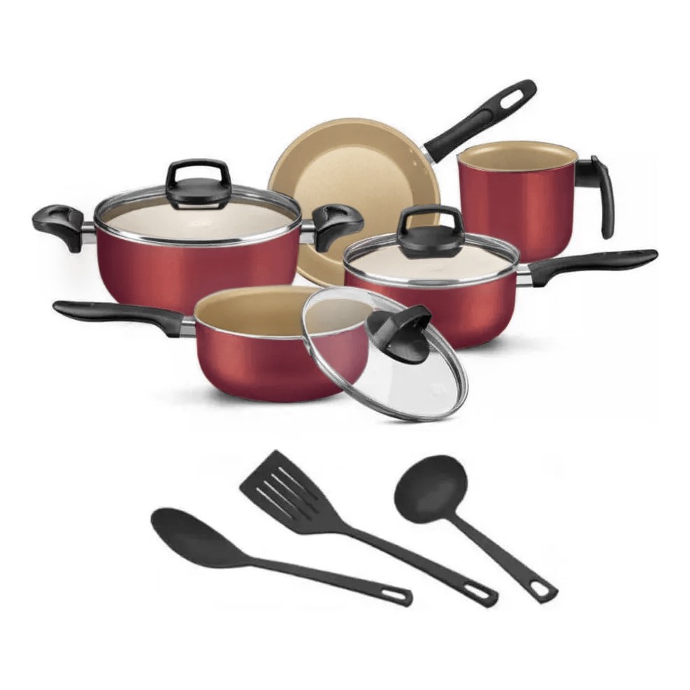 Imagem Jogo de Panelas 8 Peças Cereja Antiaderente Teflon Premium 5 Camadas com Tampa de Vidro + Talheres – MARF