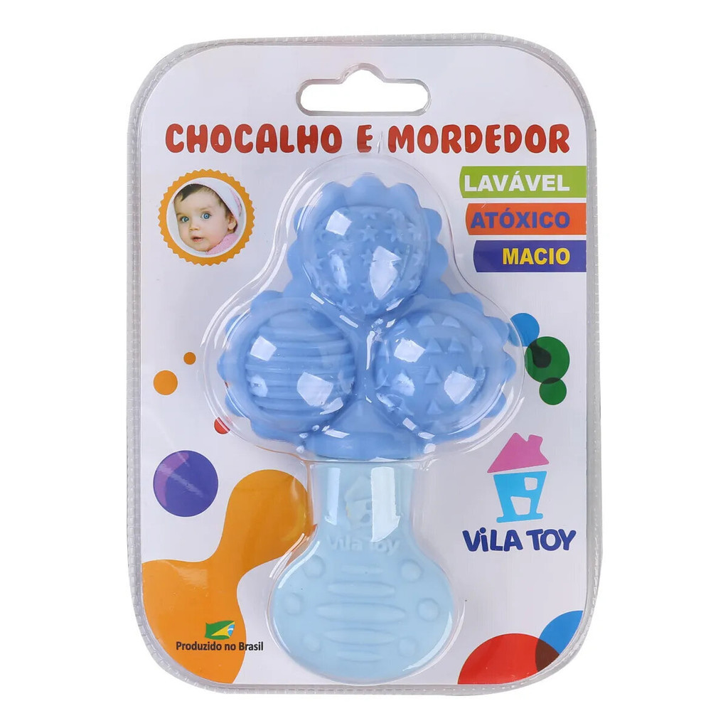 Chocalho Bebê Vila Toy Com 3 Bolas Com Mordedor Azul em Oferta na Shopee