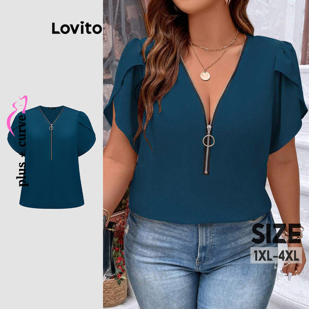 Lovito Blusa Elegante Curva Plus Size Com Zíper Blusa De Verão/Primavera Para Mulheres LBL20142