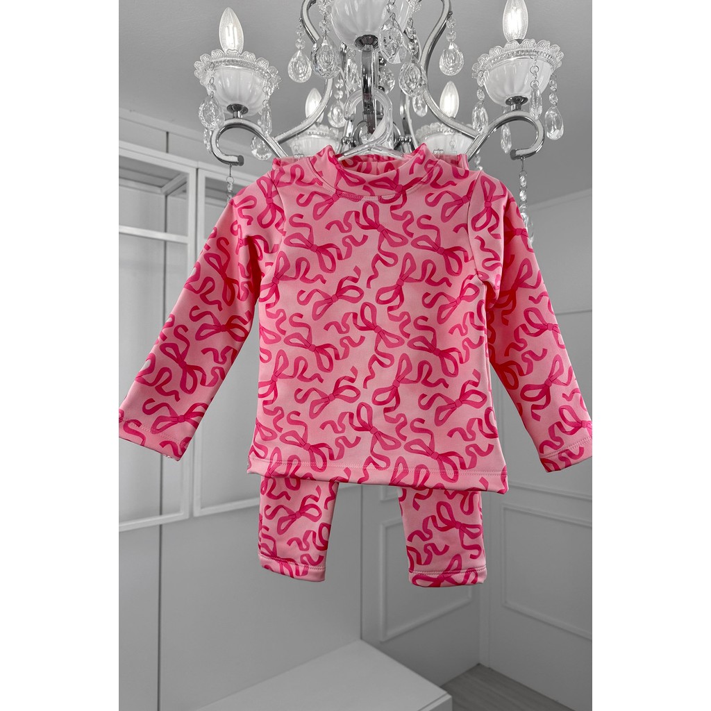 Conjunto Térmico Blusa Legging Inverno Menina Infantil Manga Longa Quente Confortável Laços Rosa