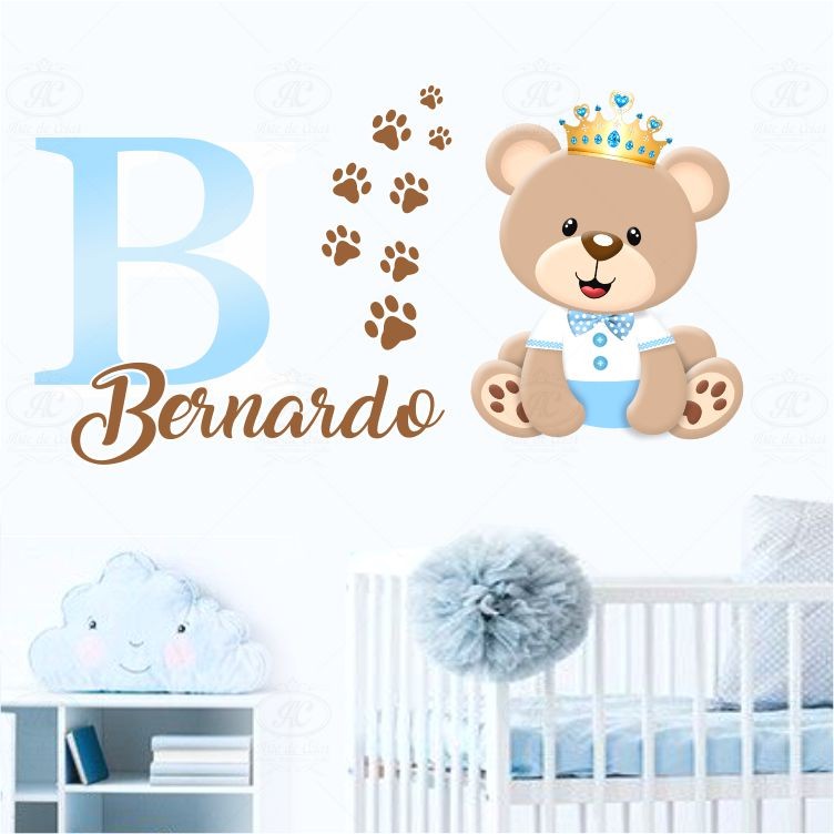 Kit Adesivo Decorativo Ursinho  Azul  Nome Personalizado com Patinhas Quarto Infantil Nome