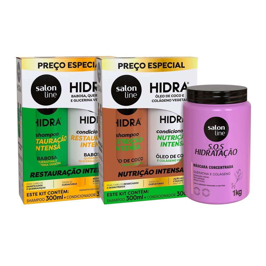 Kit com 2 Shampoos + 2 Condicionadores da linha Hidra + Máscara SOS Hidratação Bio-Reconstrução Salon Line - Beauty