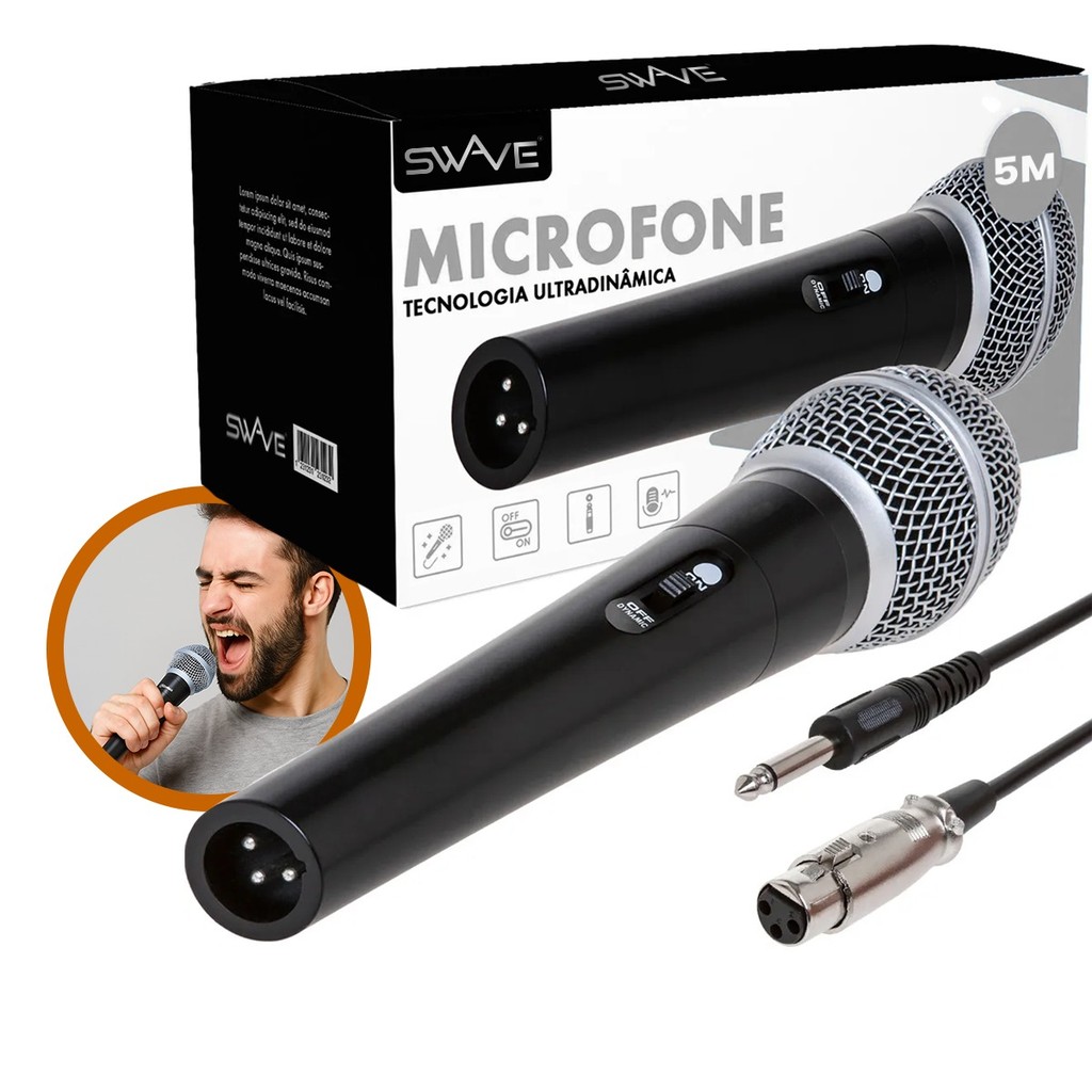 Microfone Dinamico Com Cabo 5 Metros P10 Profissional Amplificador Karaokê Igreja Cantar Swave