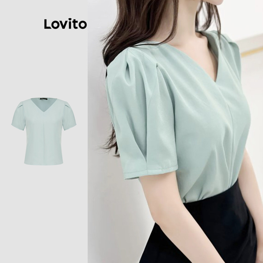 (Trendy) Lovito Blusa Elegante Blusa Lisa Franzida Para Mulheres L113MD593