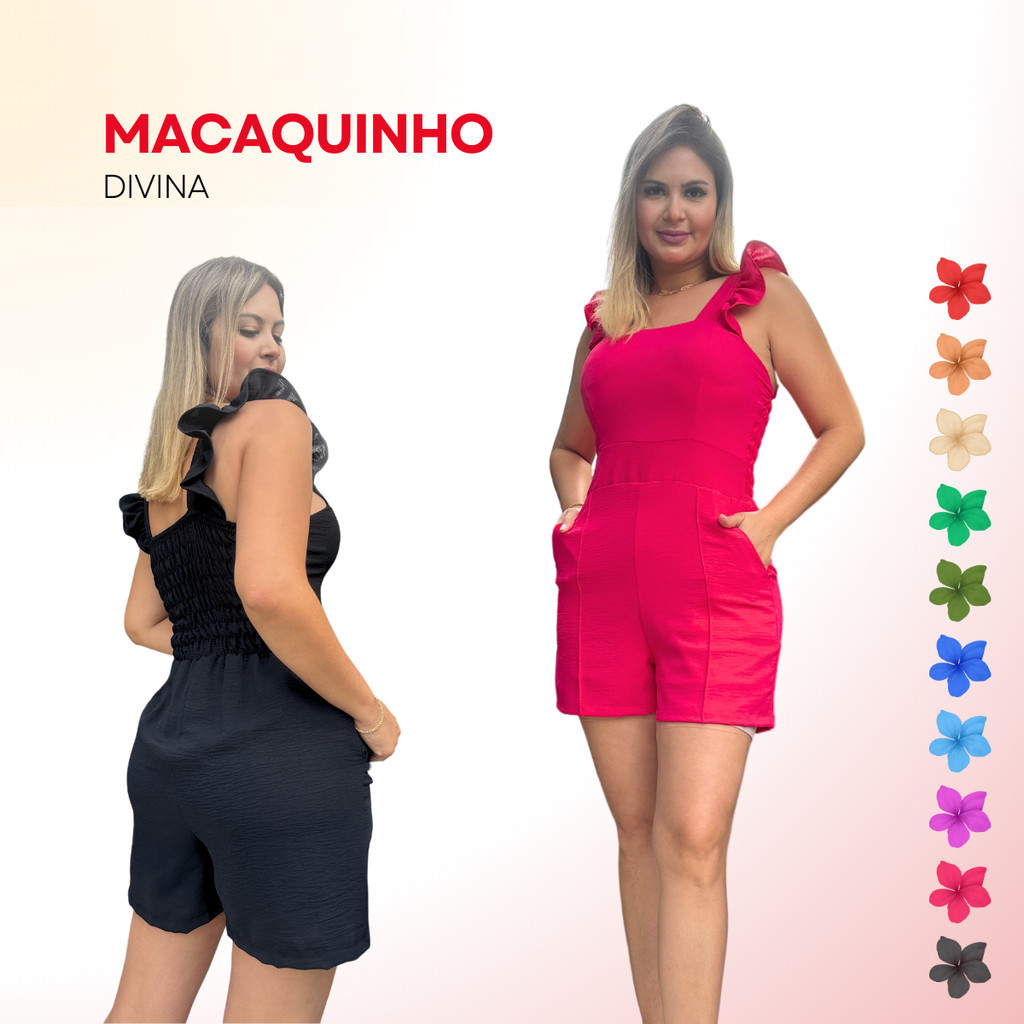 Macaquinho Curto Feminino Macacão Feminino casual  Macaquito Feminino Duna Liso Com Bolso Manga Babado Elegante