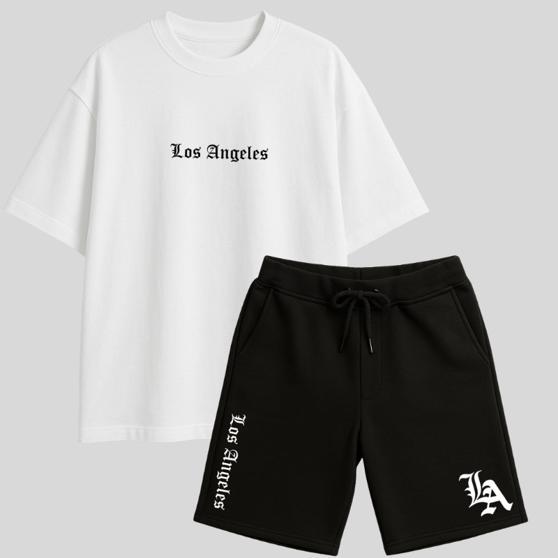 Kit Camisa Oversized + Bermuda Moletinho Estampa LOS ANGELES Camisa 100% Algodão