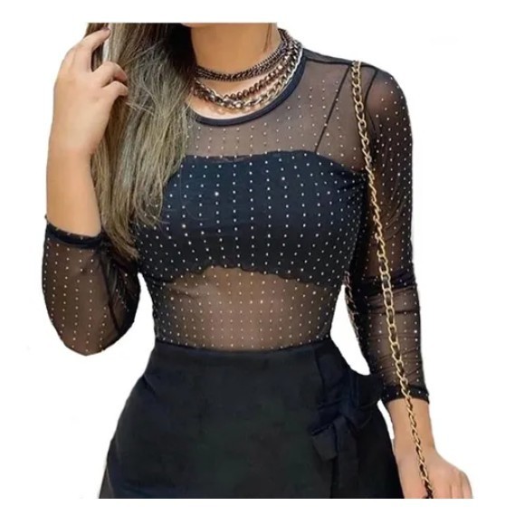 Conjunto Feminino Body Tule Manga Longa Pedraria Cropped Faixa Renda Alça Fina