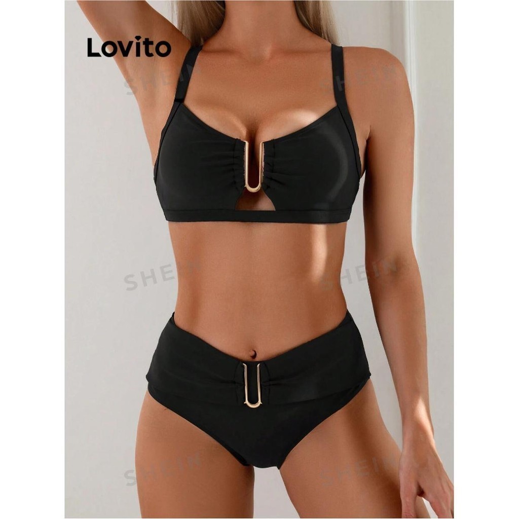 (Trendy) Lovito Conjuntos De Biquíni Sexy Conjuntos De Biquíni De Metal Liso Para Mulheres LNL81009 - Sports & Outdoors
