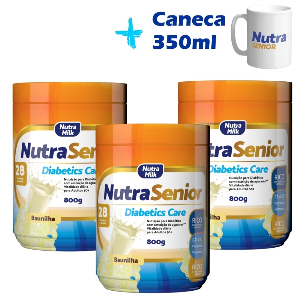3 Potes Nutra Senior Diabetics Care 800g ZERO AÇÚCAR e ZERO GLÚTEN + 1 Caneca Exclusiva Nutra Senior