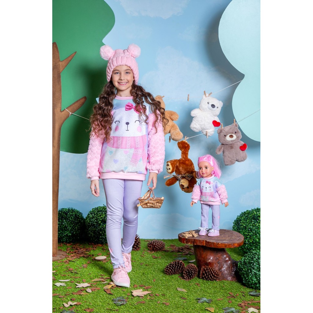Conjunto Infantil Menina Casaco Urso com Legging Térmica Marthiê + Roupa da Boneca Ighual